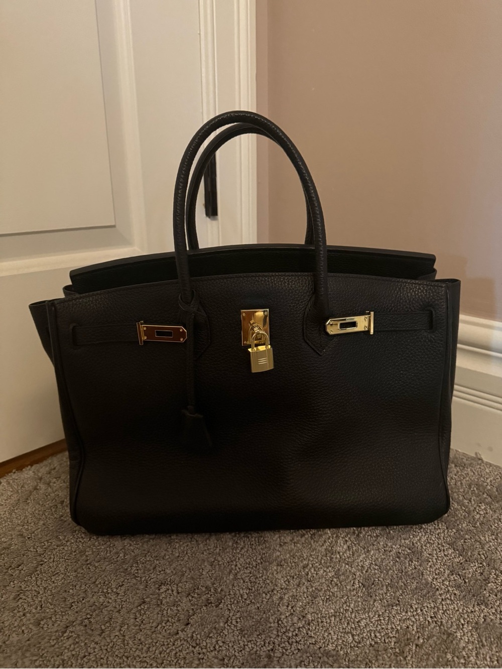 Structured Black Pebbled Leather Tote with Gold Hardware - 40 cm